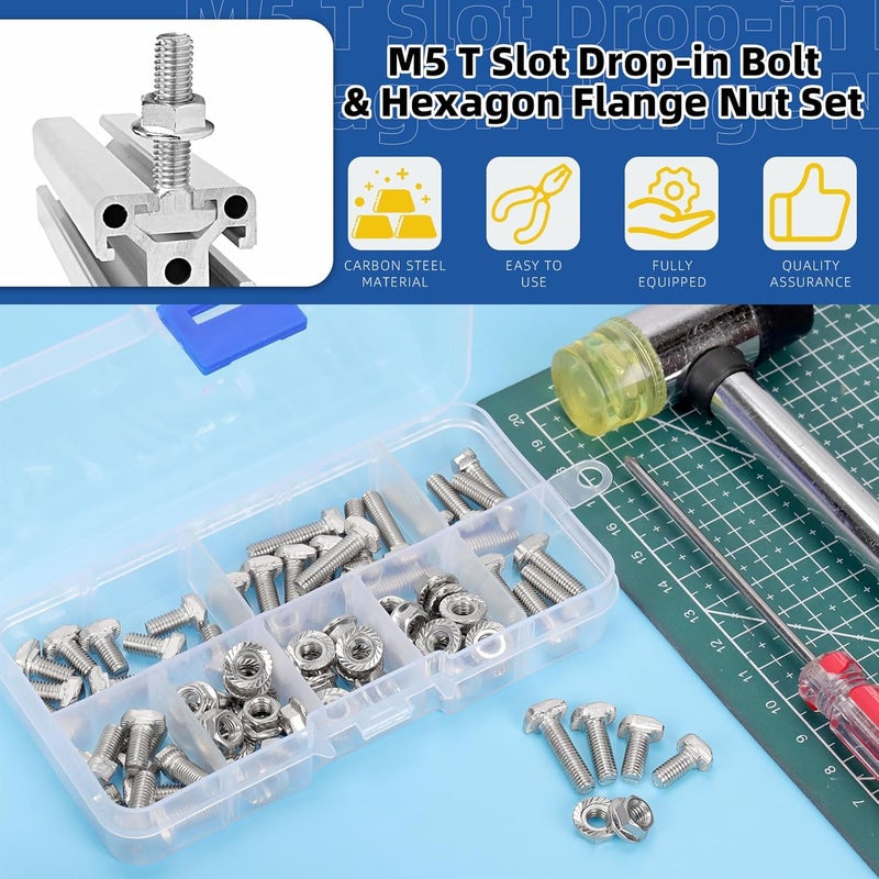 Glarks 80pcs M5 T Slot Drop-in Bolt with Hexagon Flange Nut Set, 10/12/16/20MM Hammer Head T-Bolt, T Shape Stud Sliding Screw, T Screw Stud for European Standard 20 Series Aluminum Profile - Image 3